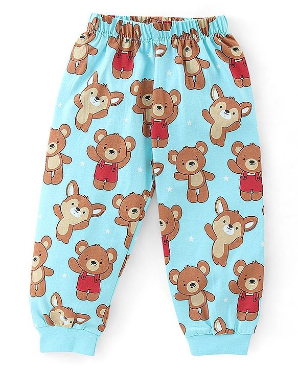 Babyhug Cotton Knit Full Sleeves Teddy Print Night Suit - Blue