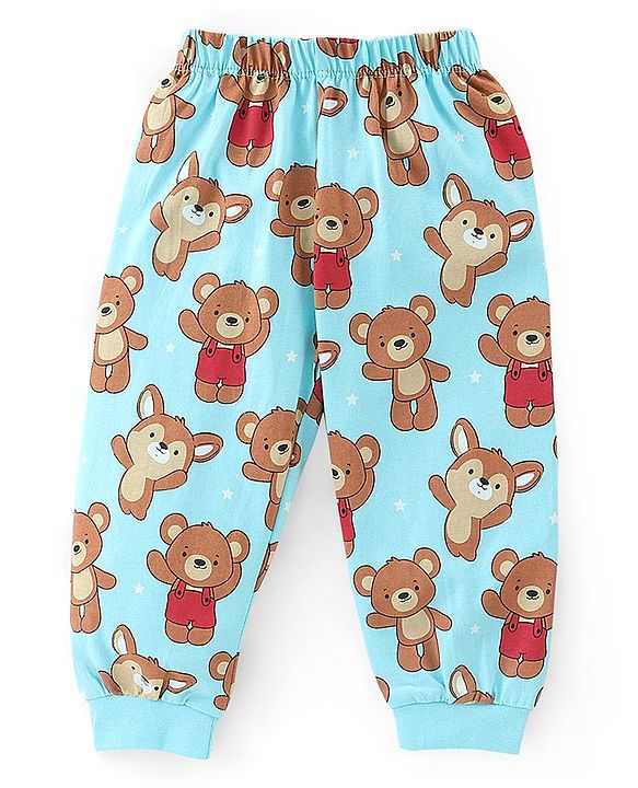 Babyhug Cotton Knit Full Sleeves Teddy Print Night Suit - Blue