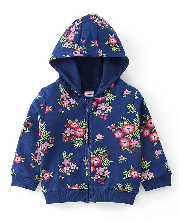 Babyhug 100% Cotton Knit Full Sleeves Hooded Jacket with T-Shirt & Lounge Pant Floral Print - Navy Blue & White