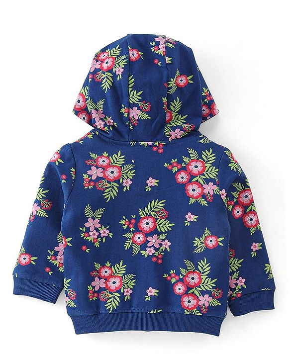 Babyhug 100% Cotton Knit Full Sleeves Hooded Jacket with T-Shirt & Lounge Pant Floral Print - Navy Blue & White