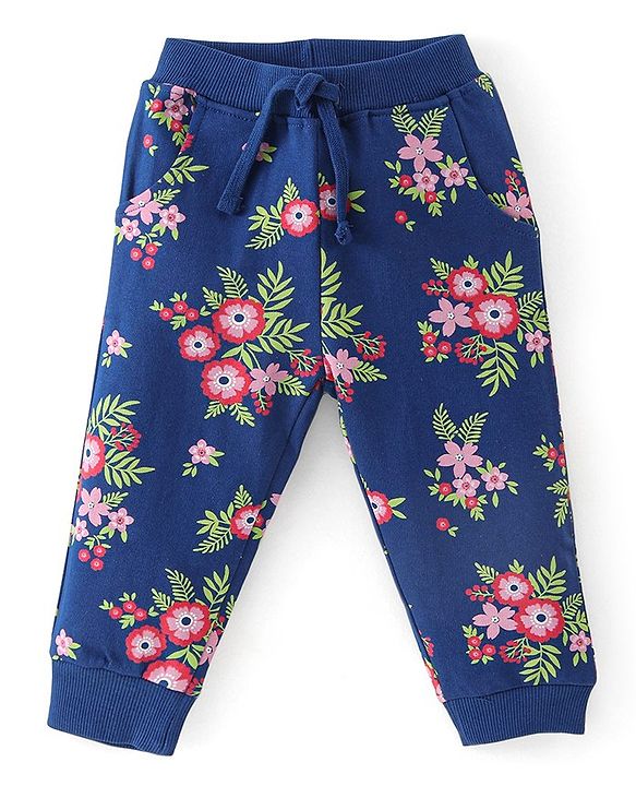 Babyhug 100% Cotton Knit Full Sleeves Hooded Jacket with T-Shirt & Lounge Pant Floral Print - Navy Blue & White