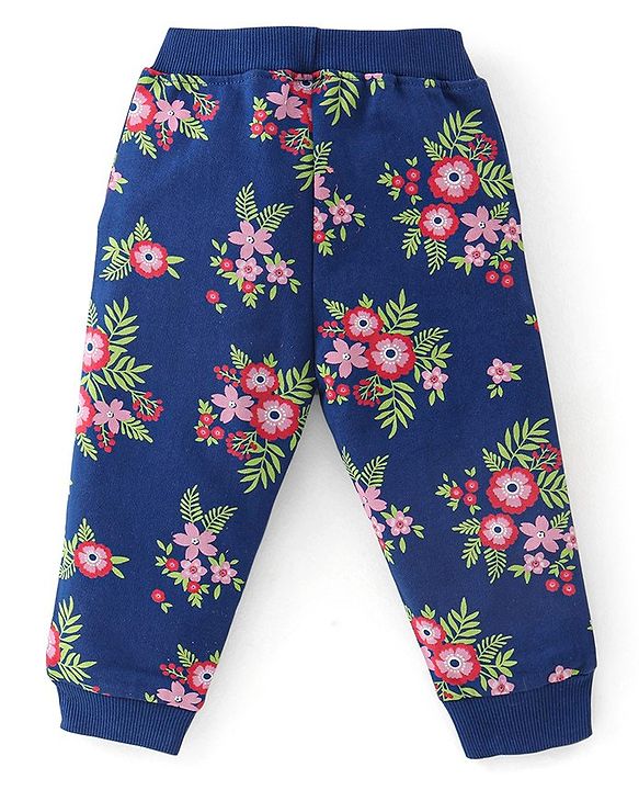 Babyhug 100% Cotton Knit Full Sleeves Hooded Jacket with T-Shirt & Lounge Pant Floral Print - Navy Blue & White
