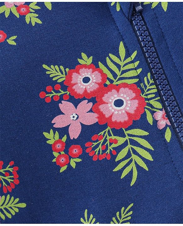 Babyhug 100% Cotton Knit Full Sleeves Hooded Jacket with T-Shirt & Lounge Pant Floral Print - Navy Blue & White
