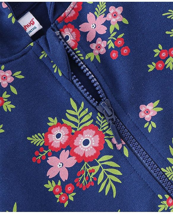 Babyhug 100% Cotton Knit Full Sleeves Hooded Jacket with T-Shirt & Lounge Pant Floral Print - Navy Blue & White