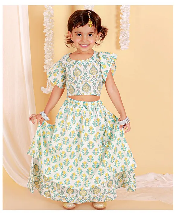 Buy Kidcetra Sleeveless Jaipuri Floral Printed & Gota Lace Embellished  Coordinating Crop Lehenga Choli With Contrast Dupatta Yellow for Girls  (5-6Years) Online in India, Shop at FirstCry.com - 15335575