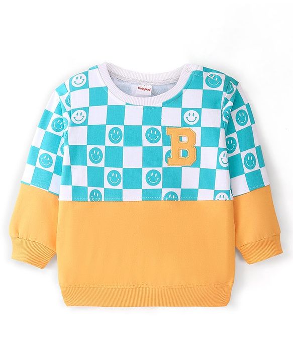 Babyhug 100% Cotton Knit Full Sleeves T-Shirt with  Emoji Print - Yellow & Blue