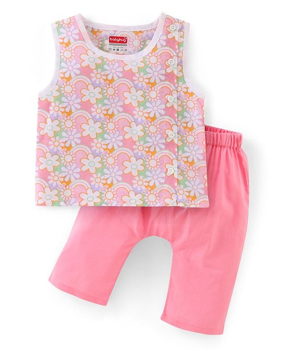 Babyhug Cotton Woven Sleeveless Vest & Pajama Set Floral Print - Pink