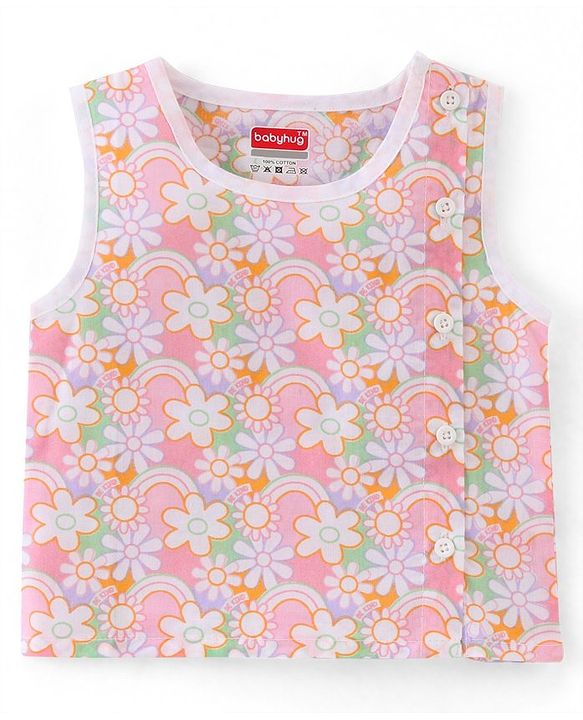 Babyhug Cotton Woven Sleeveless Vest & Pajama Set Floral Print - Pink