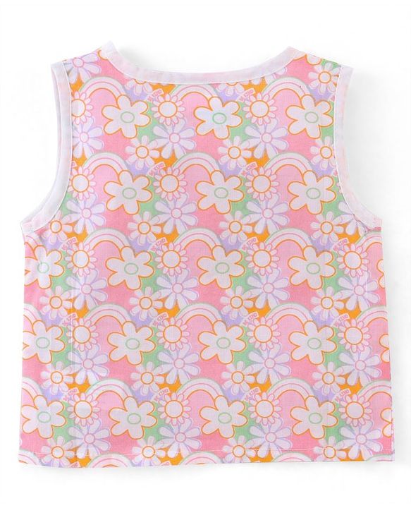 Babyhug Cotton Woven Sleeveless Vest & Pajama Set Floral Print - Pink