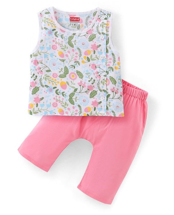 Babyhug Cotton Woven Sleeveless Vest & Pajama Set Floral Print - Pink