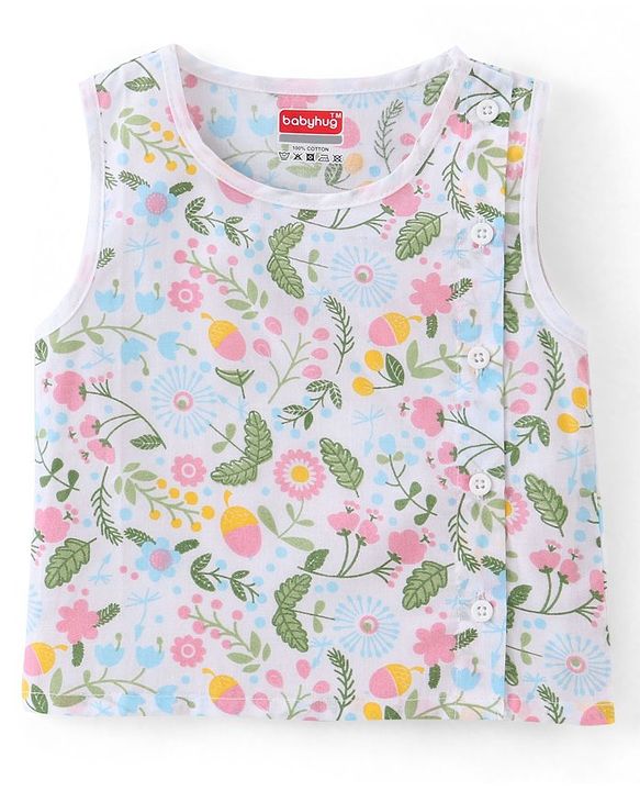 Babyhug Cotton Woven Sleeveless Vest & Pajama Set Floral Print - Pink