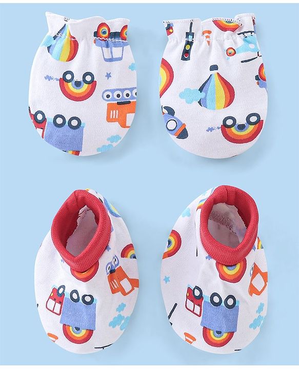Babyhug Cotton Mittens & Booties Set Vehicles Print - White