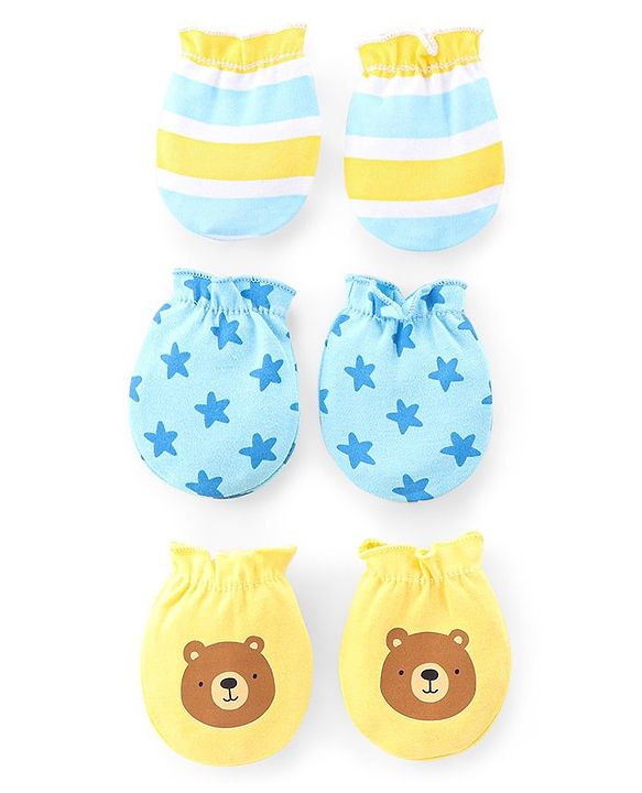Babyhug 100% Cotton Knit Mittens Star & Bear Print Pack of 3- Blue & Yellow