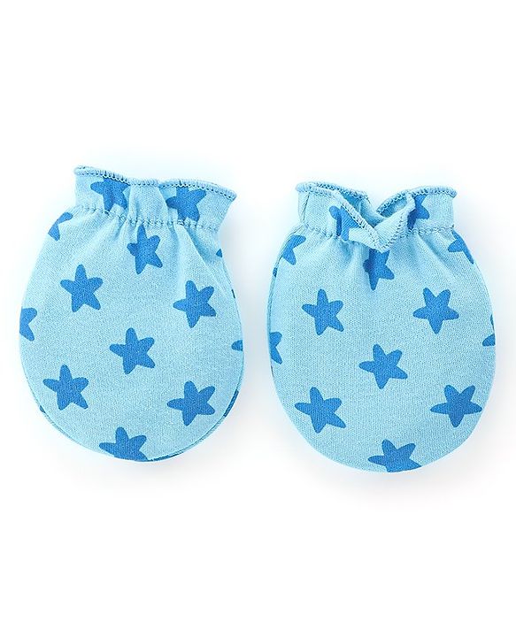 Babyhug 100% Cotton Knit Mittens Star & Bear Print Pack of 3- Blue & Yellow