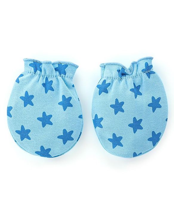Babyhug 100% Cotton Knit Mittens Star & Bear Print Pack of 3- Blue & Yellow