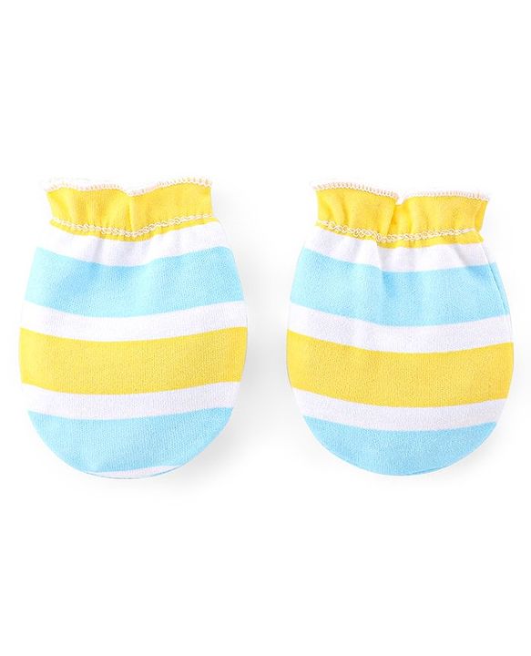 Babyhug 100% Cotton Knit Mittens Star & Bear Print Pack of 3- Blue & Yellow