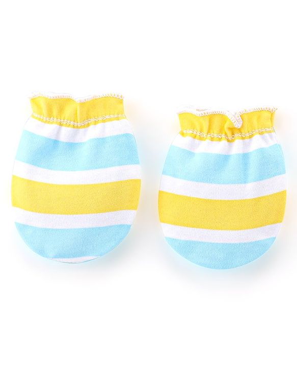 Babyhug 100% Cotton Knit Mittens Star & Bear Print Pack of 3- Blue & Yellow