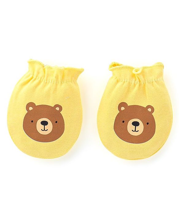 Babyhug 100% Cotton Knit Mittens Star & Bear Print Pack of 3- Blue & Yellow