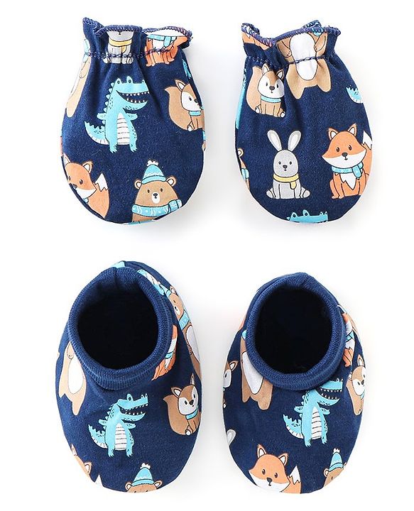Babyhug 100% Cotton Interlock Knit Mittens And Booties Dino Print - Navy Blue