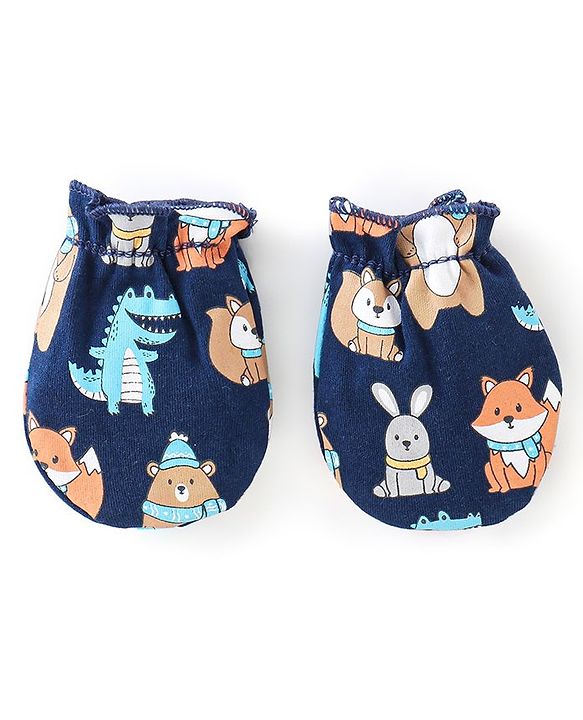 Babyhug 100% Cotton Interlock Knit Mittens And Booties Dino Print - Navy Blue