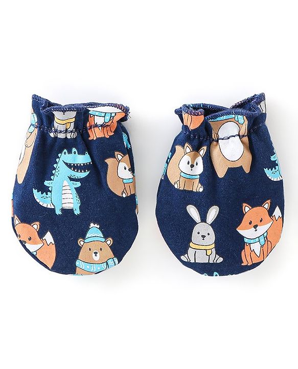 Babyhug 100% Cotton Interlock Knit Mittens And Booties Dino Print - Navy Blue