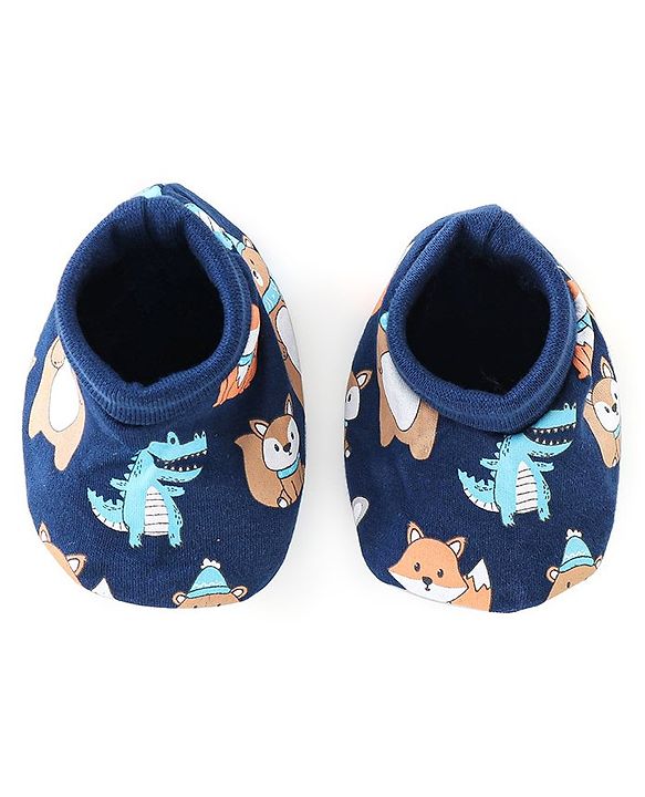 Babyhug 100% Cotton Interlock Knit Mittens And Booties Dino Print - Navy Blue