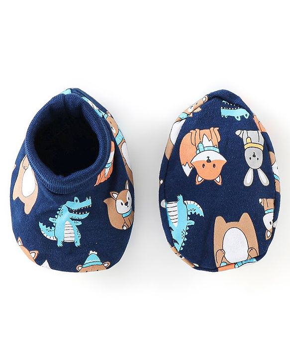 Babyhug 100% Cotton Interlock Knit Mittens And Booties Dino Print - Navy Blue