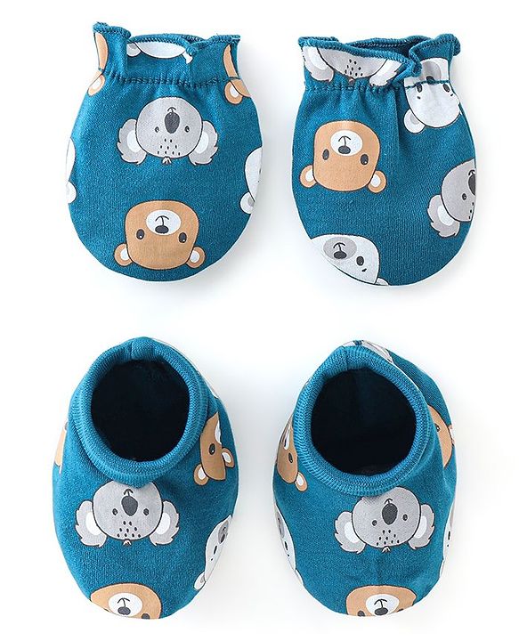 Babyhug 100% Cotton Mittens & Booties Bear Print - Blue