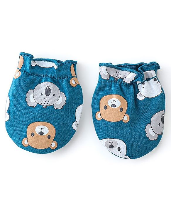 Babyhug 100% Cotton Mittens & Booties Bear Print - Blue