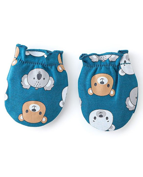 Babyhug 100% Cotton Mittens & Booties Bear Print - Blue