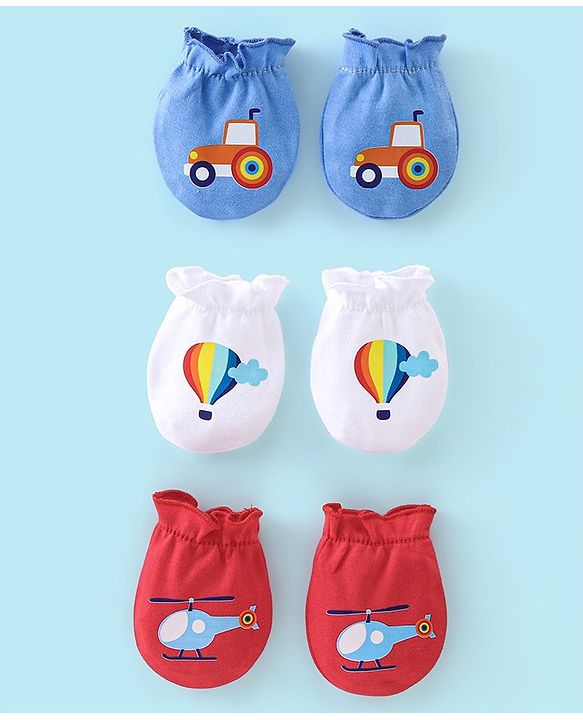 Babyhug 100% Cotton Knit Mittens Car Print Pack Of 3 - Multicolor
