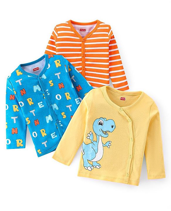 Babyhug 100% Cotton Full Sleeves Front Button Antibacterial Vest Dino Print Pack of 3 - Multicolour