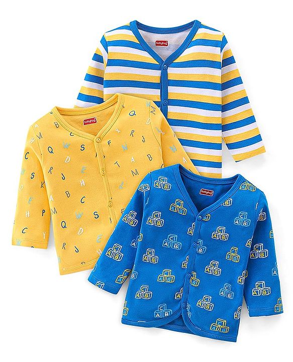 Babyhug 100% Cotton Knit Full Sleeves Striped & Text Printed Antibacterial Vests Pack of 3 - Blue & Yellow