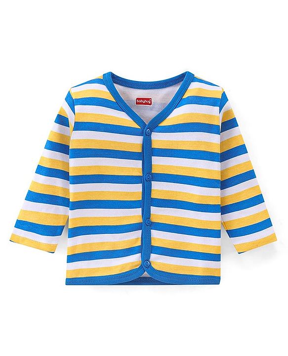 Babyhug 100% Cotton Knit Full Sleeves Striped & Text Printed Antibacterial Vests Pack of 3 - Blue & Yellow