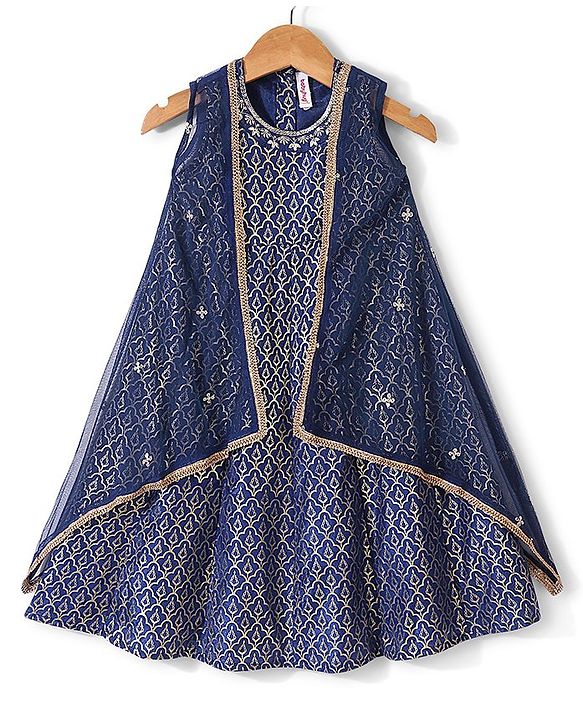 Babyhug Sleeveless Foil Printed Long Ethnic Dress with Embroidered Net Jacket - Navy