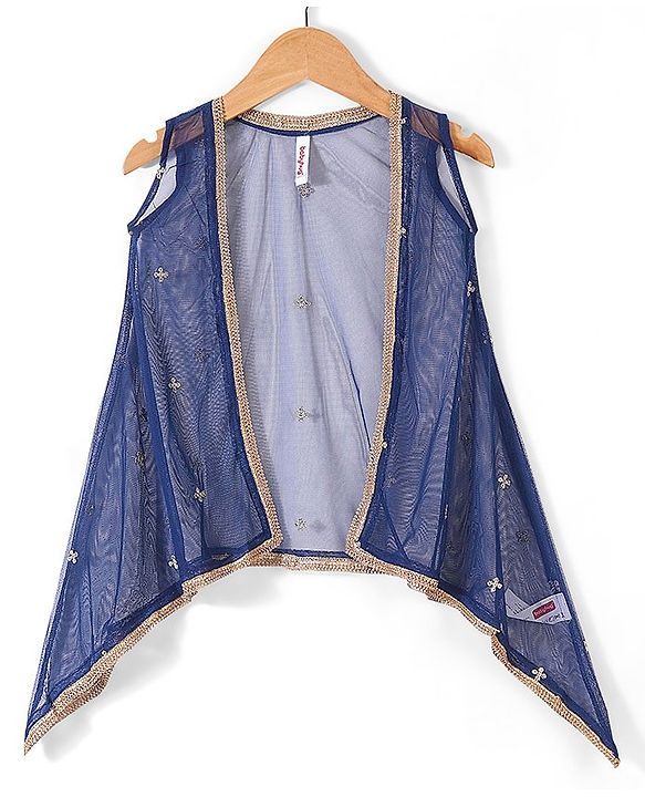 Babyhug Sleeveless Foil Printed Long Ethnic Dress with Embroidered Net Jacket - Navy
