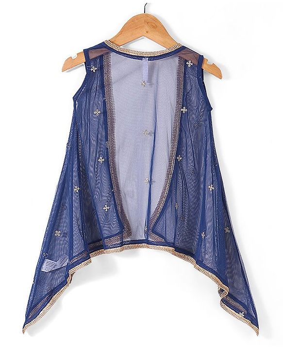 Babyhug Sleeveless Foil Printed Long Ethnic Dress with Embroidered Net Jacket - Navy