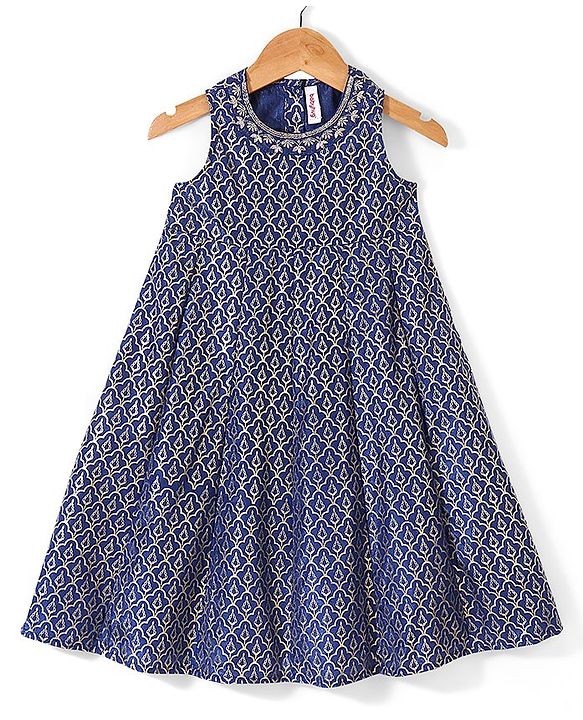 Babyhug Sleeveless Foil Printed Long Ethnic Dress with Embroidered Net Jacket - Navy