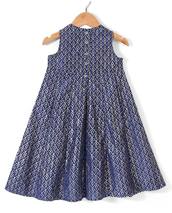 Babyhug Sleeveless Foil Printed Long Ethnic Dress with Embroidered Net Jacket - Navy