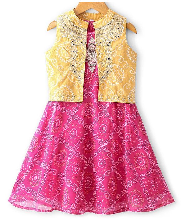 Babyhug Sleeveless Bandhani Printed Long Dress with Embroidered Jacket Set - Yellow & Fuschia