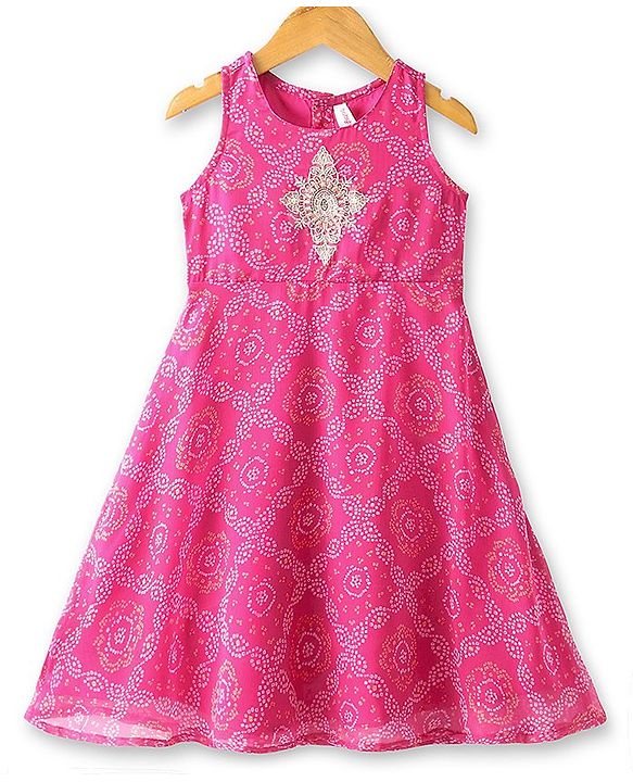 Babyhug Sleeveless Bandhani Printed Long Dress with Embroidered Jacket Set - Yellow & Fuschia