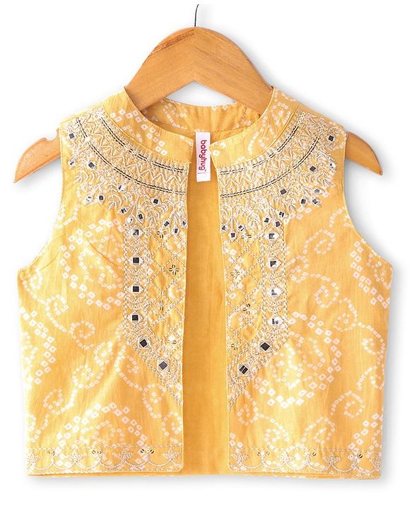 Babyhug Sleeveless Bandhani Printed Long Dress with Embroidered Jacket Set - Yellow & Fuschia