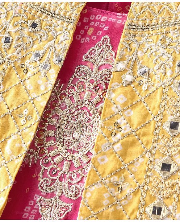 Babyhug Sleeveless Bandhani Printed Long Dress with Embroidered Jacket Set - Yellow & Fuschia