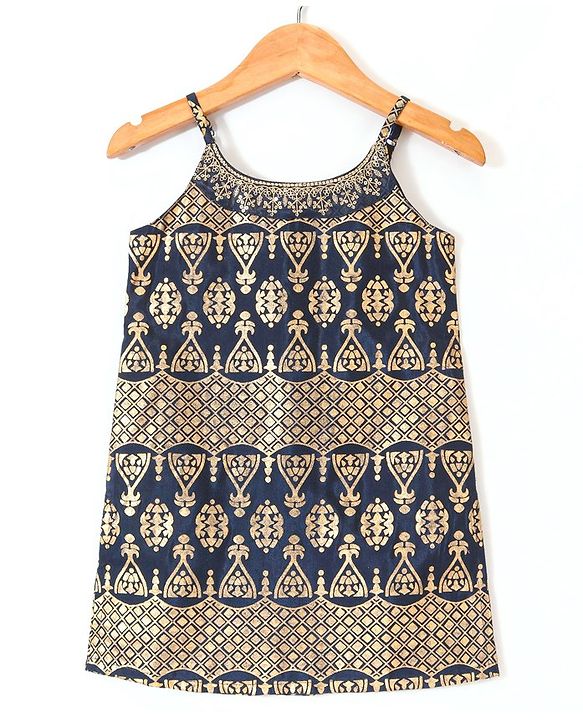 Babyhug Sleeveless Foil Printed Kurti Sharara and Dupatta Set - Navy Blue