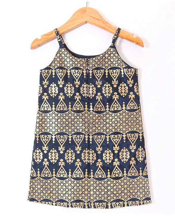 Babyhug Sleeveless Foil Printed Kurti Sharara and Dupatta Set - Navy Blue