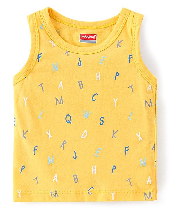 Babyhug 100% Cotton Anti Bacterial Sleeveless Sando With Alphabet Print Pack of 3 - Yellow & Blue