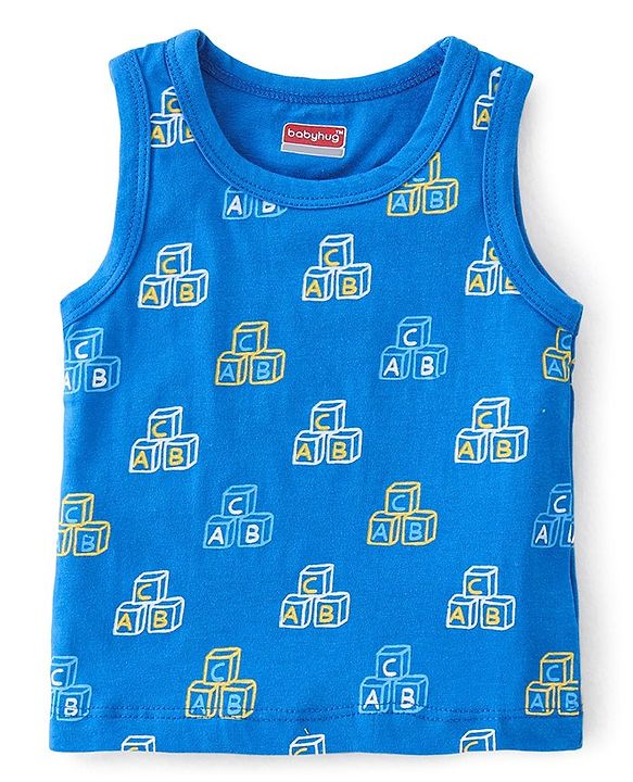 Babyhug 100% Cotton Anti Bacterial Sleeveless Sando With Alphabet Print Pack of 3 - Yellow & Blue
