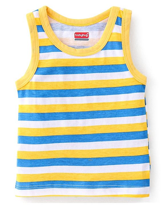 Babyhug 100% Cotton Anti Bacterial Sleeveless Sando With Alphabet Print Pack of 3 - Yellow & Blue