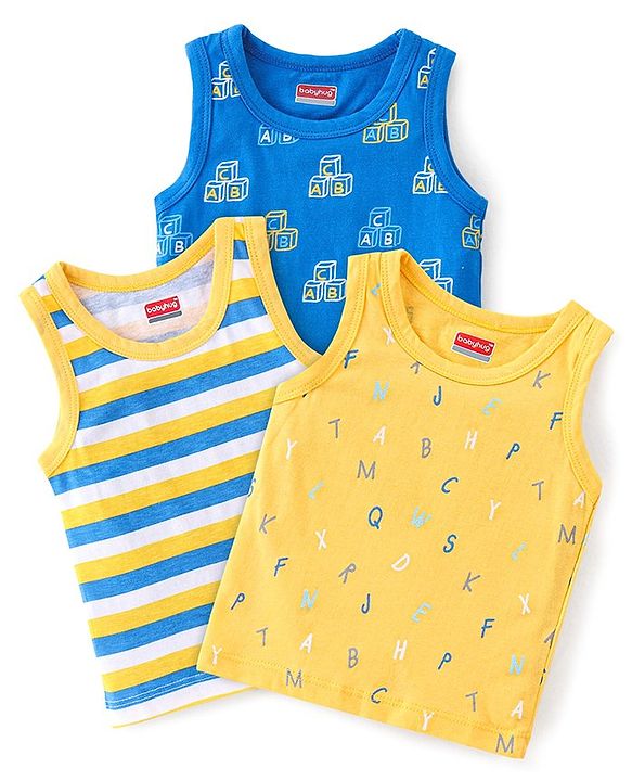 Babyhug 100% Cotton Anti Bacterial Sleeveless Sando With Alphabet Print Pack of 3 - Yellow & Blue