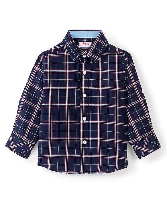 Babyhug Cotton Woven Full Sleeves Shirt Checkered with Bow - Navy Blue